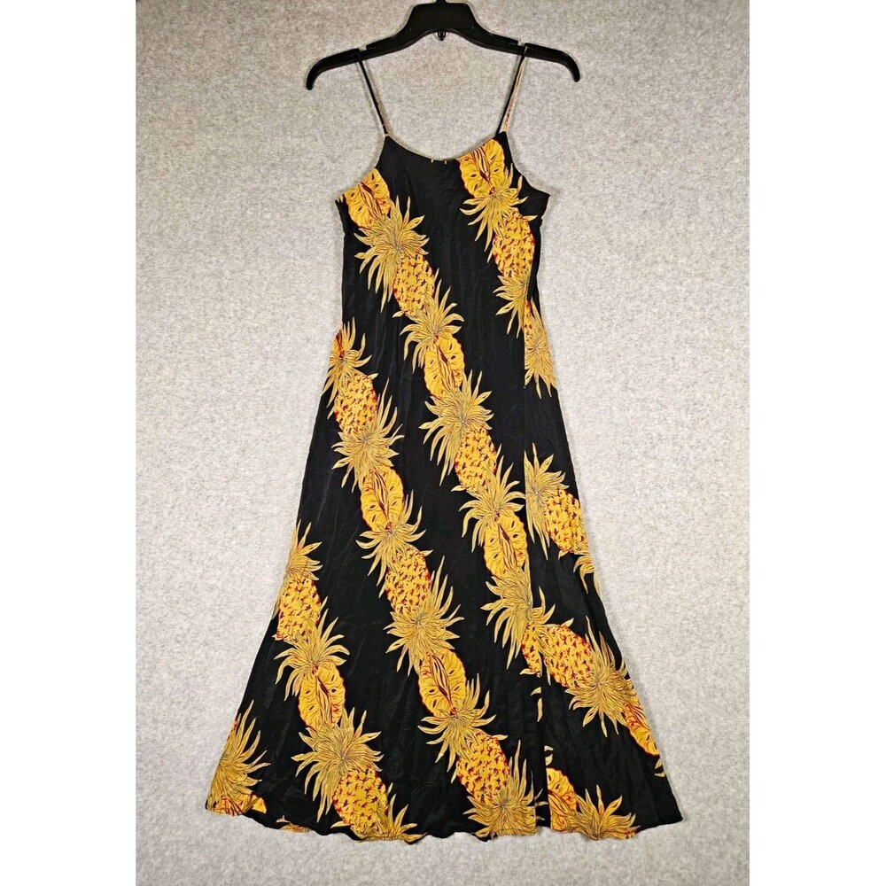 VTG Avanti Silk Hawaiian Maxi Dress Pineapple Black Yellow Shrunk Fits XS Petite
